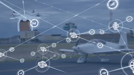 Animation-of-network-of-connections-over-drone-with-parcel-over-airport