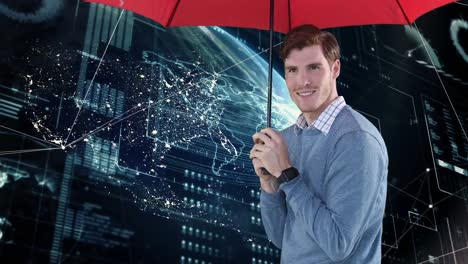 Animation-of-businessman-with-red-umbrella-and-data-processing-on-screens