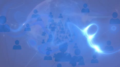 Animation-Von-Blaulichtspuren-Mit-Netzwerksymbolen-Verbundener-Menschen-Auf-Blauem-Hintergrund