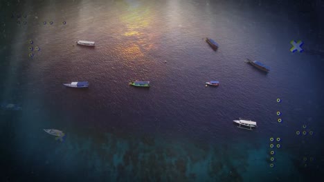 Animation-Eines-Netzwerks-Von-Markierungen-Und-Symbolen-über-Booten-Auf-Dem-Meer