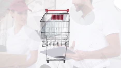 Animation-of-shopping-trolley-spinning-over-smiling-delivery-man