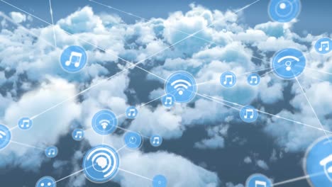 Animation-of-network-of-connections-with-icons-over-clouds-and-sky