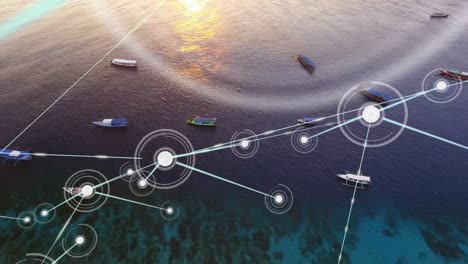 Animation-of-networks-of-connections-with-icons-over-sky-with-boats