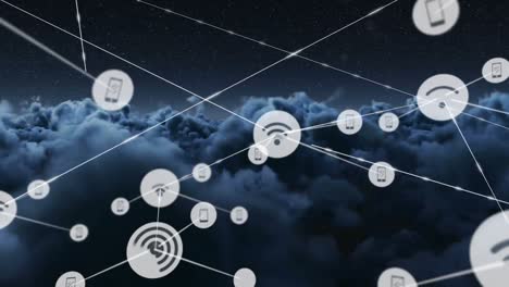 Animation-of-network-of-connections-with-icons-over-clouds-and-sky