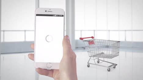Animation-of-person-holding-smartphone-with-online-shopping-on-screen-and-trolley-in-background