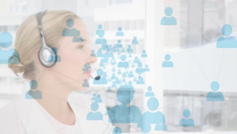 Animation-of-networks-of-connections-with-icons-over-businesswoman-using-phone-headsets