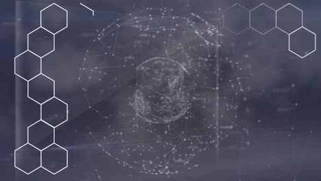 Animation-of-white-hexagon-chain-over-rotating-globe-with-network-of-connections,-on-grey-background