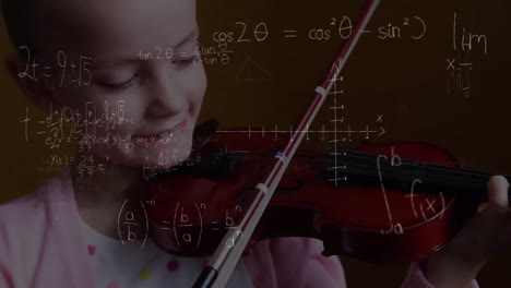 Animation-of-mathematical-equations-over-smiling-schoolgirl-playing-violin