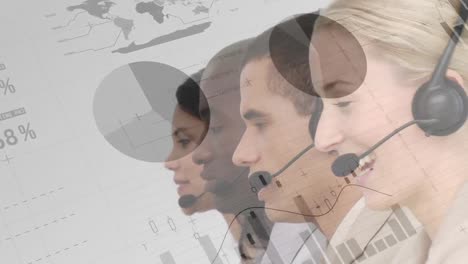 Animation-of-statistics-over-business-people-using-phone-headsets