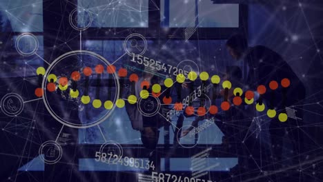 Animation-Eines-DNA-Strangs-Mit-Netzwerk-Von-Verbindungen-über-Menschen-Im-Büro