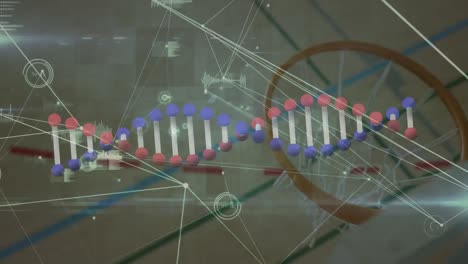Animation-Des-DNA-Strangs-Und-Der-Verbindungsnetzwerke-über-Dem-Basketballplatz