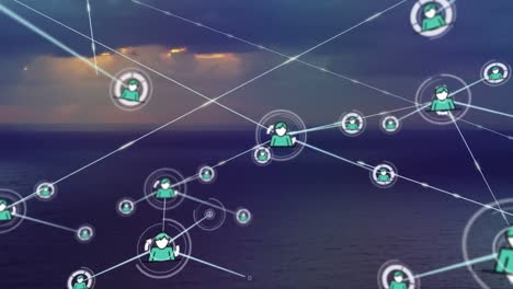 Animation-of-networks-of-connections-with-icons-over-sea-and-sky