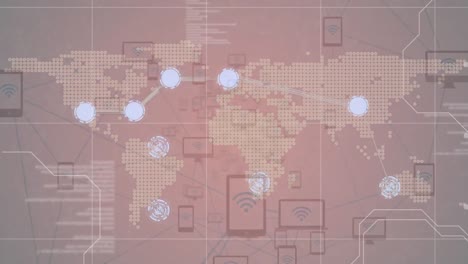 Animation-of-world-map-and-network-of-connections-with-data-processing,-on-pale-orange-background