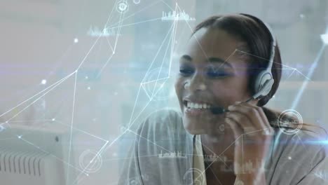 Animation-of-network-of-connections,-statistic-over-business-woman-using-phone-headsets