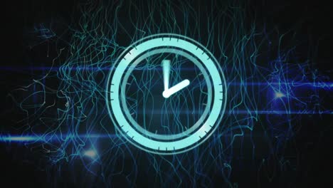 Animation-of-clock-over-blue-lines-on-dark-background