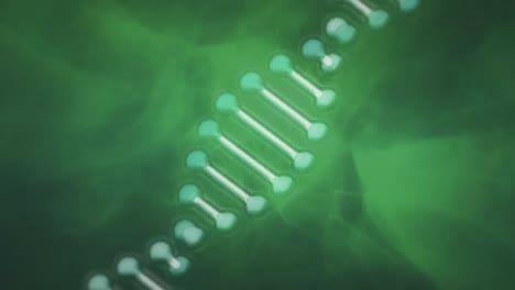 Animation-Eines-DNA-Strangs-über-Sich-Bewegenden-Grünen-Wellen-Auf-Dunklem-Hintergrund