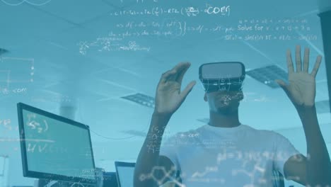 Animation-of-mathematical-equations-over-african-american-man-wearing-vr-headset