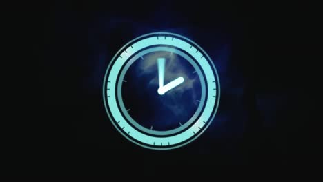 Animation-of-clock-over-blue-waves-on-dark-background