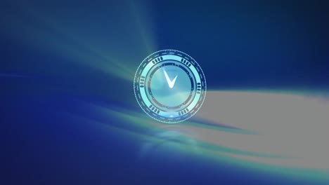 Animation-of-clock-over-blue-glowing-lights-on-blue-background