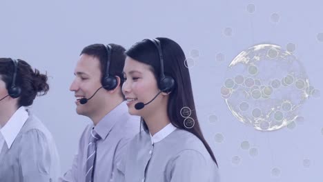 Animation-of-globe-with-network-of-connections-over-business-people-using-phone-headsets