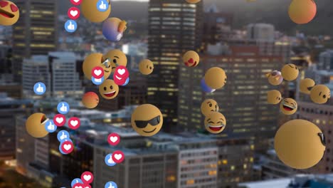 Animation-Mehrerer-Emojis-über-Dem-Stadtbild