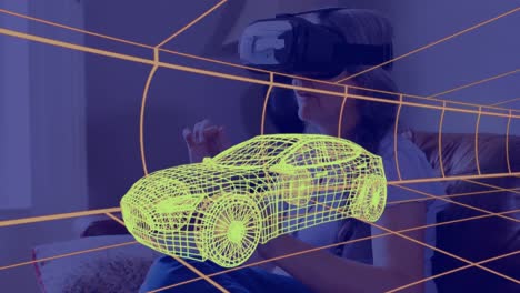 Animation-of-3d-technical-drawing-of-car,-over-woman-at-home-wearing-vr-headset