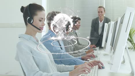 Animation-of-network-of-connections-over-caucasian-office-workers-wearing-headsets
