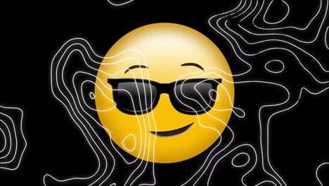 Animation-of-emoji-wearing-sunglasses-icon-on-black-back-ground-with-line-map