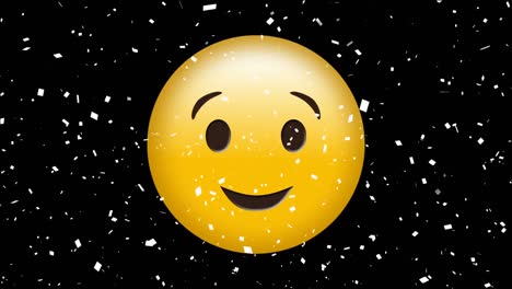 Animation-of-smile-emoji-icon-with-falling-confetti-on-black-background