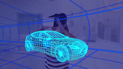Animation-Einer-Technischen-3D-Zeichnung-Eines-Autos-über-Einer-Frau-Zu-Hause,-Die-Ein-VR-Headset-Trägt