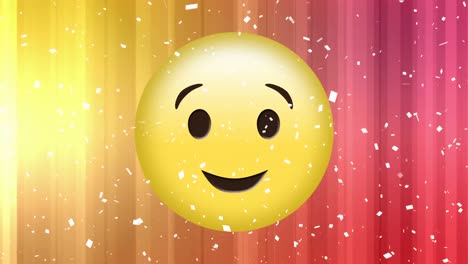 Animation-of-smile-emoji-icon-with-falling-confetti-on-yellow-and-pink-background