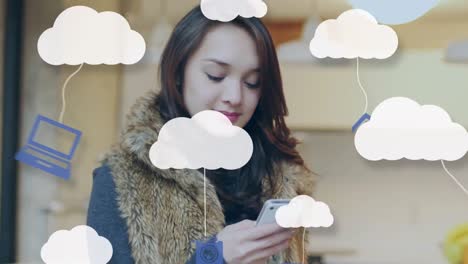 Animation-of-clouds-and-media-icons-over-woman-using-smartphone