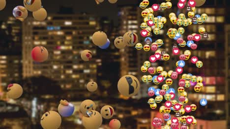 Animation-Mehrerer-Emojis-über-Dem-Stadtbild