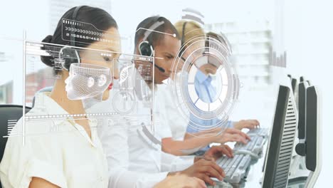 Animation-of-data-transfer-over-diverse-office-workers-wearing-headsets