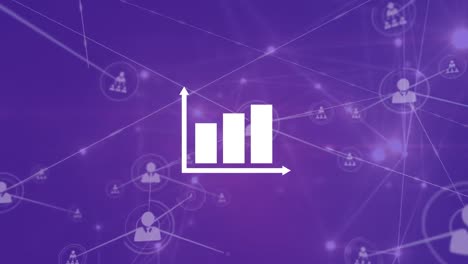 Animation-of-statistics-and-network-of-connections-with-icons-on-purple-background