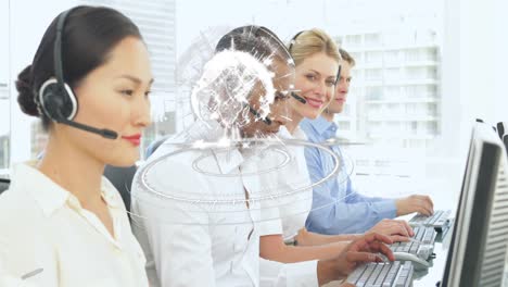 Animation-of-network-of-connections-over-diverse-office-workers-wearing-headsets