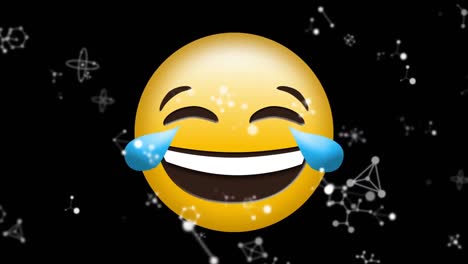 Animation-of-smiling-emoji-icon-on-black-back-ground-with-falling-confetti
