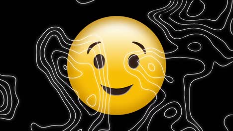 Animation-of-smile-emoji-icon-with-lines-map-on-black-background