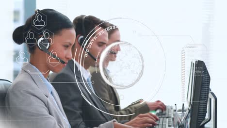 Animation-of-network-of-connections-over-happy-diverse-office-workers-wearing-headsets