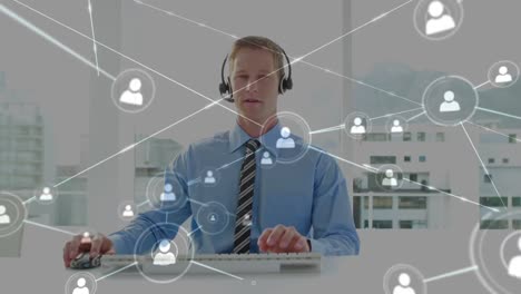 Animation-of-network-of-connections-with-icons-over-businessman-using-phone-headsets