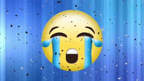 Animation-of-crying-emoji-icon-on-blue-background-with-falling-white-spots