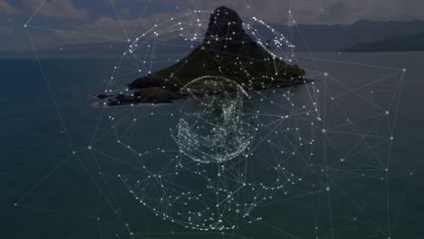 Animation-of-globe-with-network-of-connections,-over-rocky-island-in-sea