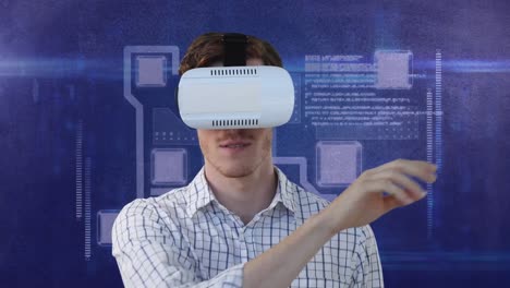 Animation-of-network-of-connections-and-data-processing,-over-man-wearing-vr-headset