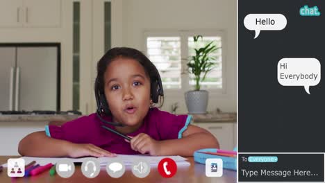 Animation-Der-Videoanrufschnittstelle-Mit-Mädchen,-Die-Im-Online-Schulunterricht-Sprechen,-Und-Chatroom-Nachrichten