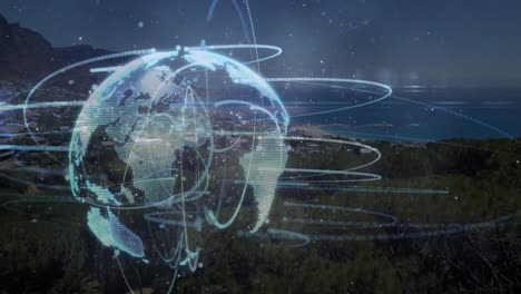 Animation-Des-Globus-Mit-Netzwerk-Von-Verbindungen-über-Der-Landschaft