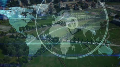 Animation-of-scope,-world-map-with-network-of-connections-over-landscape