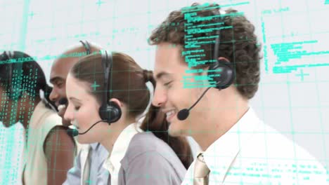 Animation-of-data-processing-over-business-people-using-phone-headsets