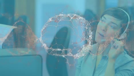Animation-of-human-brain-and-dna-strand-over-businesswoman-using-headset