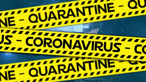 Animation-of-quarantine-warning-text-and-connections-over-woman-wearing-vr-headset