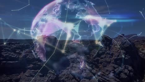 Animation-Des-Globus-Mit-Netzwerk-Von-Verbindungen-über-Der-Landschaft